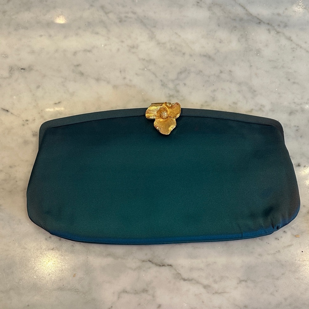 Teal Vintage Satin Clutch with Gold Floral Accent
